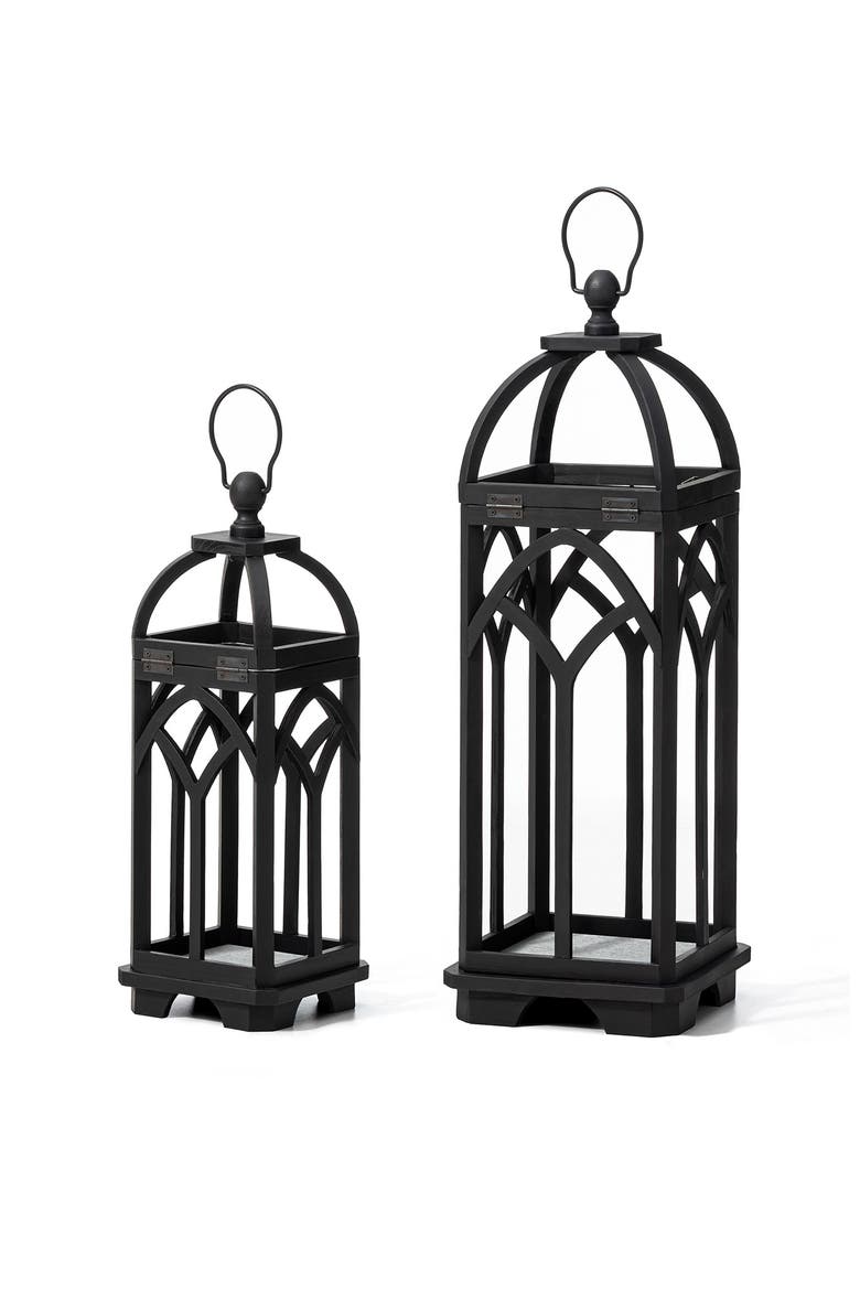 Set of 2 Wooden Church Style Decorative Lanterns Candle Holders, Alternate, color, Black