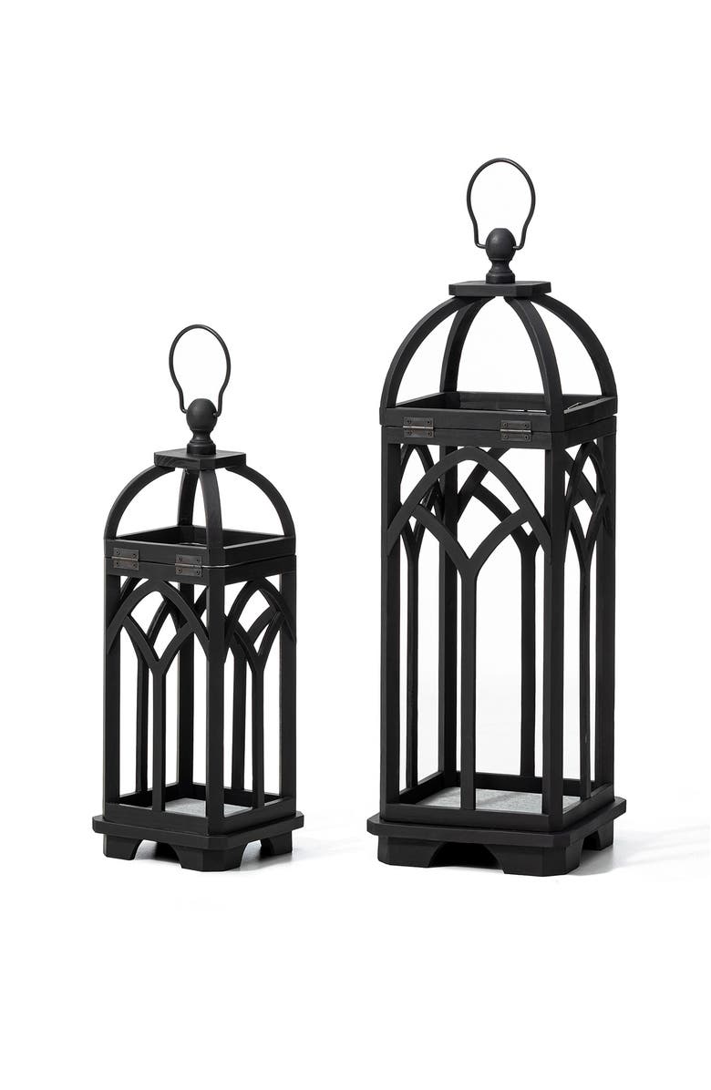 Glitzhome Set of 2 Wooden Church Style Decorative Lanterns Candle Holders, Alternate, color, Black