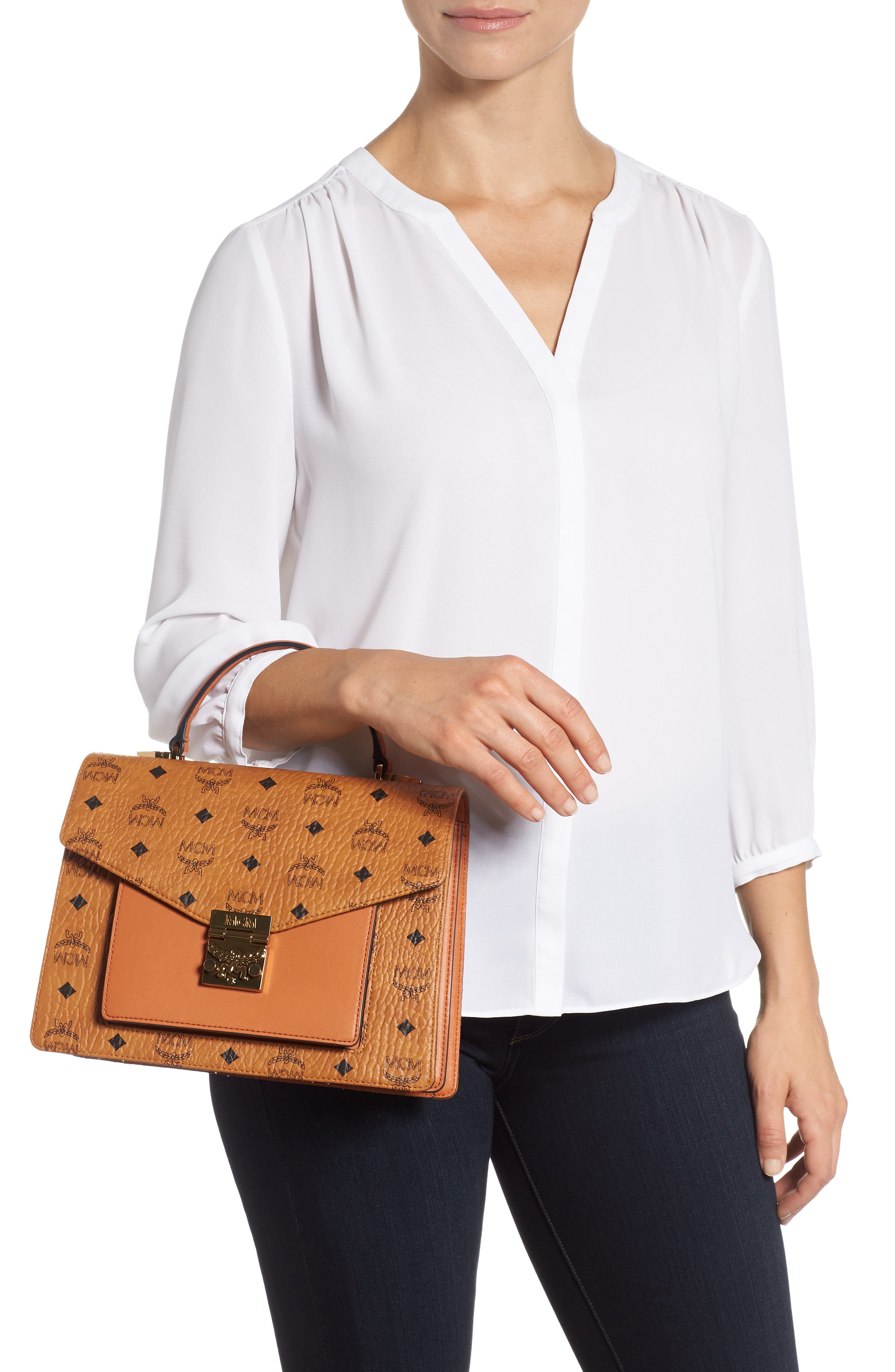 Medium Patricia Visetos Coated Canvas Satchel, Alternate, color, COGNAC