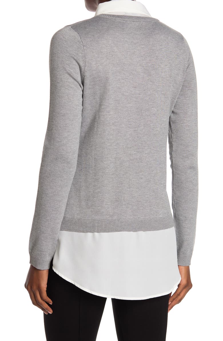 Adrianna Papell V-Neck Twofer Sweater, Alternate, color, Heather Grey/Ivory
