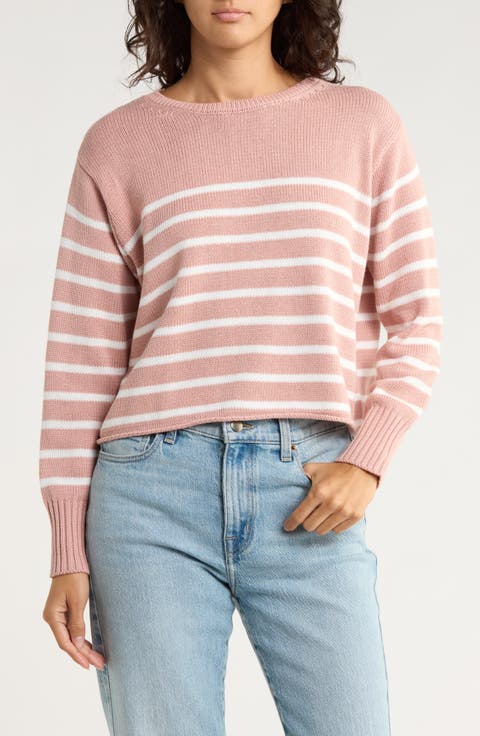 Stripe Boxy Crop Cotton Blend Sweater