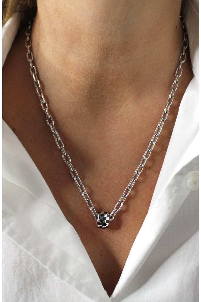 4mm Italian Chain + Black Ceramic Checkerboard Big Bead Necklace, Alternate, color, SILVER
