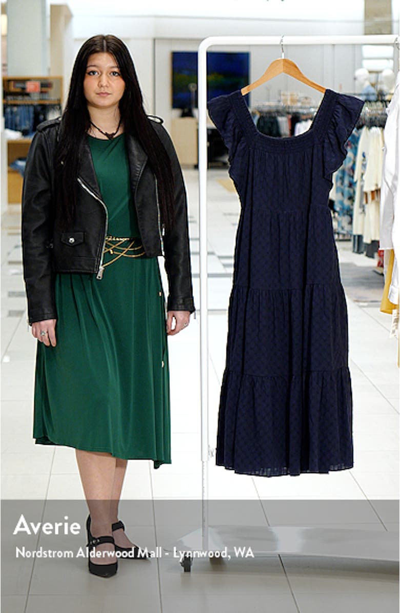 Women's Textured Check Ruffle Sleeve Tiered Midi Dress, sales video thumbnail