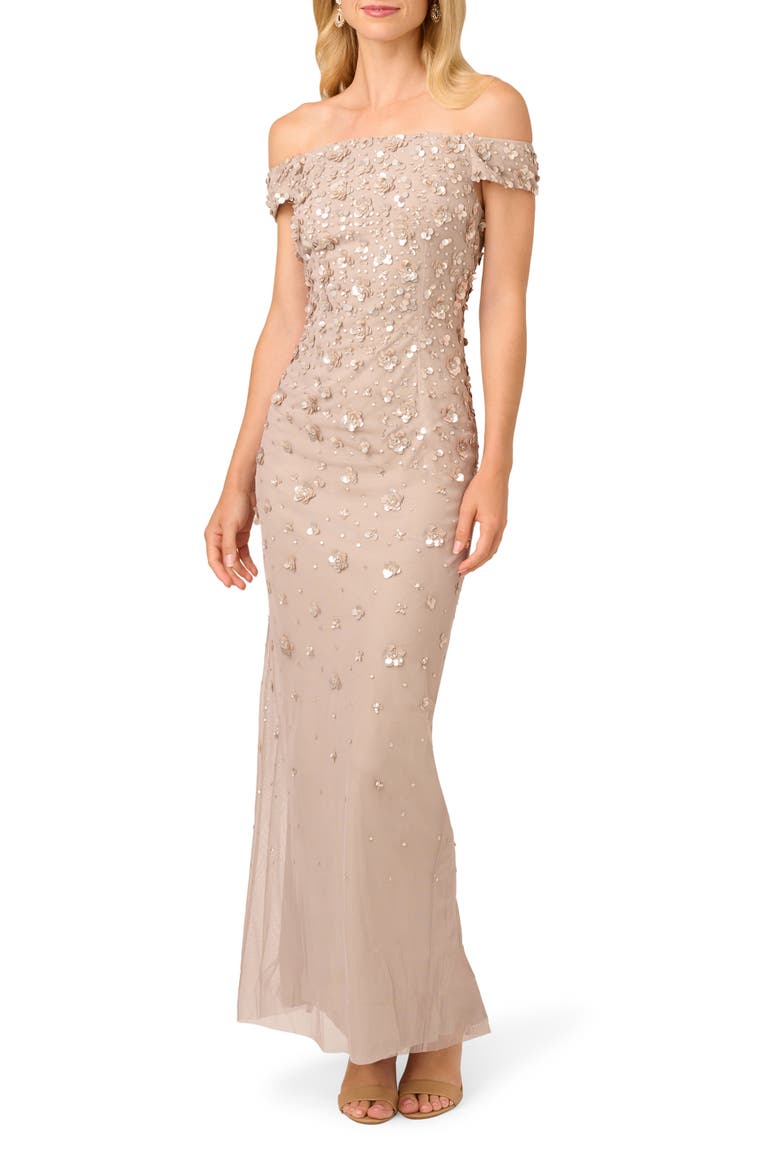 Off the Shoulder Beaded Column Gown, Main, color, MARBLE