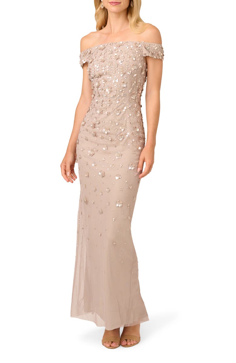 Adrianna Papell Off the Shoulder Beaded Column Gown, Main, color, Marble