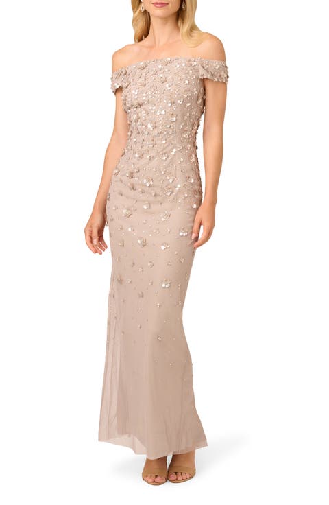 Off the Shoulder Beaded Column Gown