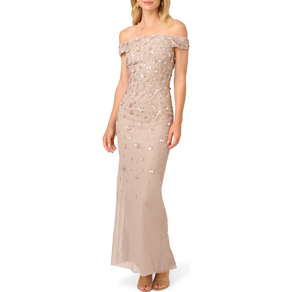 ADRIANNA PAPELL ADRIANNA PAPELL OFF THE SHOULDER BEADED COLUMN GOWN