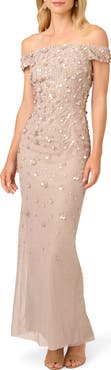 Adrianna Papell Off the Shoulder Beaded Column Gown
