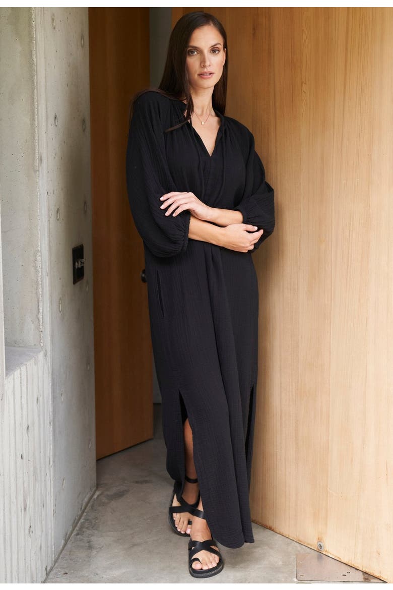 Avery Long Tie Neck Dress Gauze Caftan, Alternate, color, Black