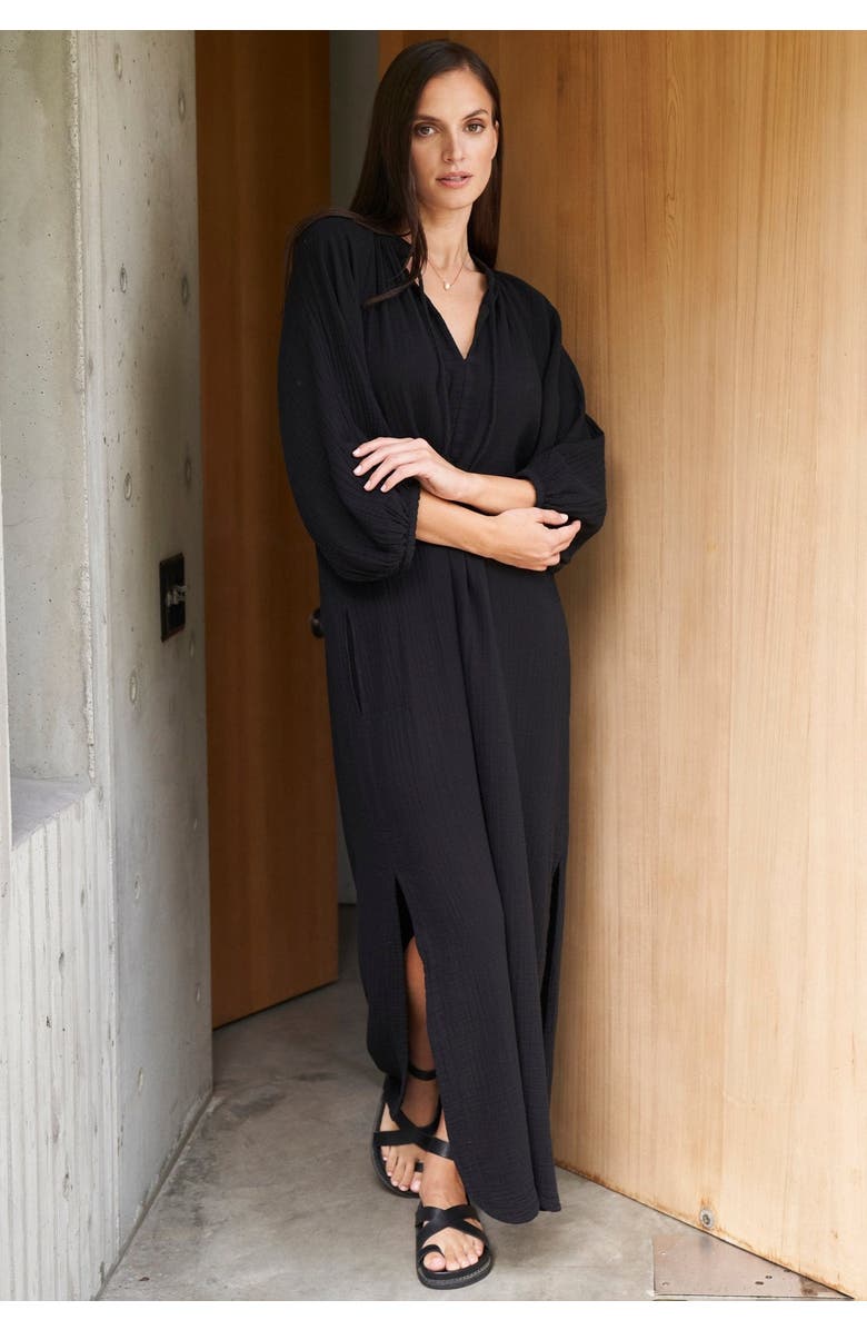 ocean+main Avery Long Tie Neck Dress Gauze Caftan, Alternate, color, Black