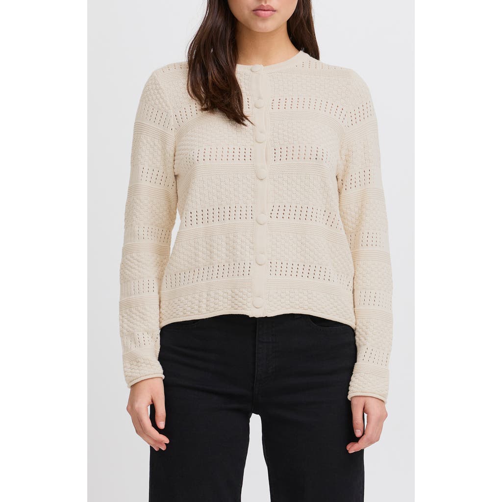 Ichi Open Knit Cotton Cardigan In Birch