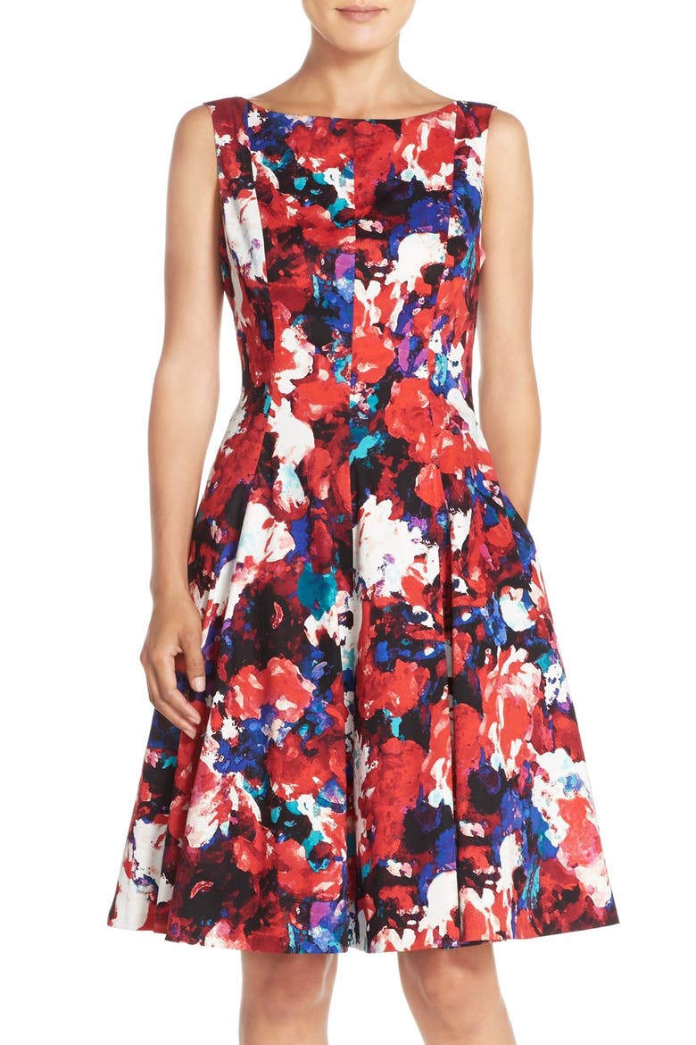 Print Stretch Cotton Sateen Fit & Flare Dress, Main, color, SOFT WHITE/ RED
