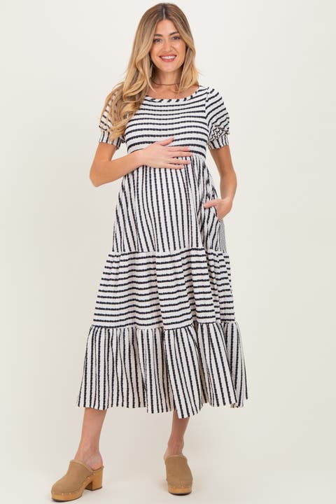 Striped Short Sleeve Tiered Maxi Dress