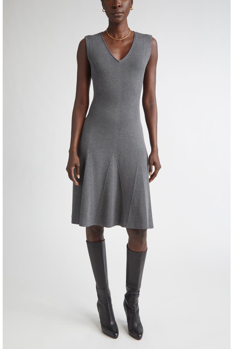 Sleeveless Engineered Godet Fit & Flare Dress, Main, color, DARK GREY MELANGE