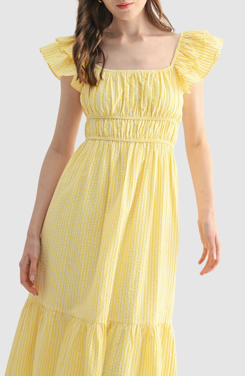 Lush Cinched Waist Tiered Cotton Midi Dress, Alternate, color, Yellow Stripe