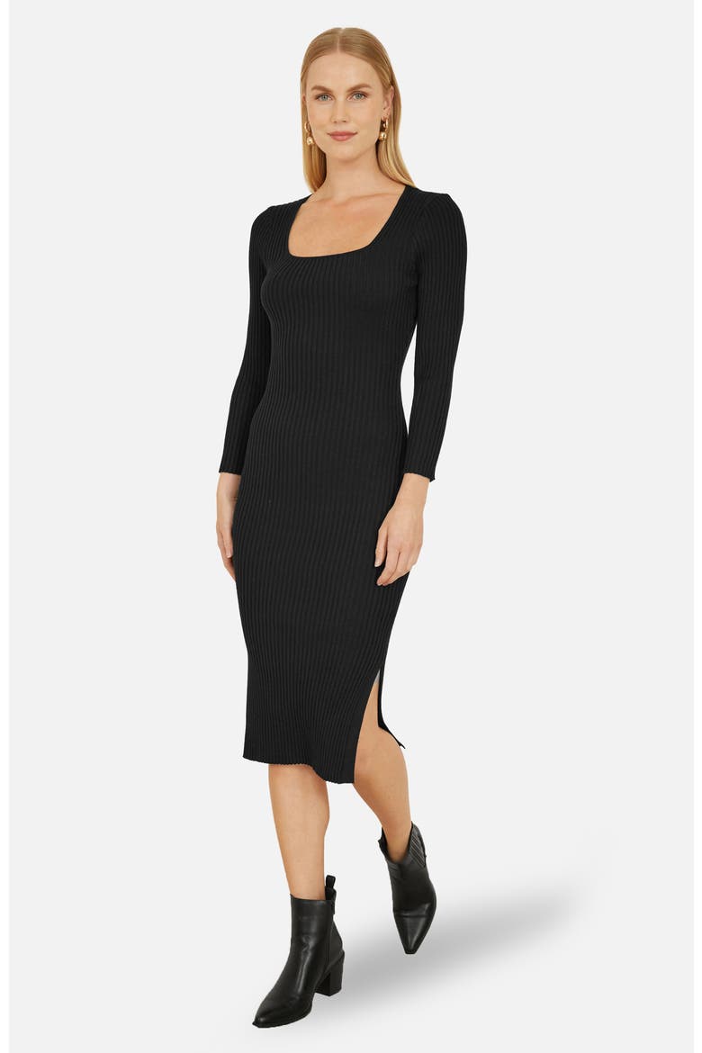 Side Split Fitted Knit Midi Dress, Alternate, color, Black