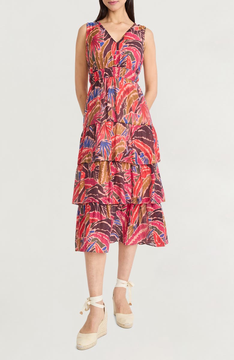 The Good Journey Ruffle Skirt Sleeveless Midi Dress, Main, color, Orange/ Blue/ Magenta