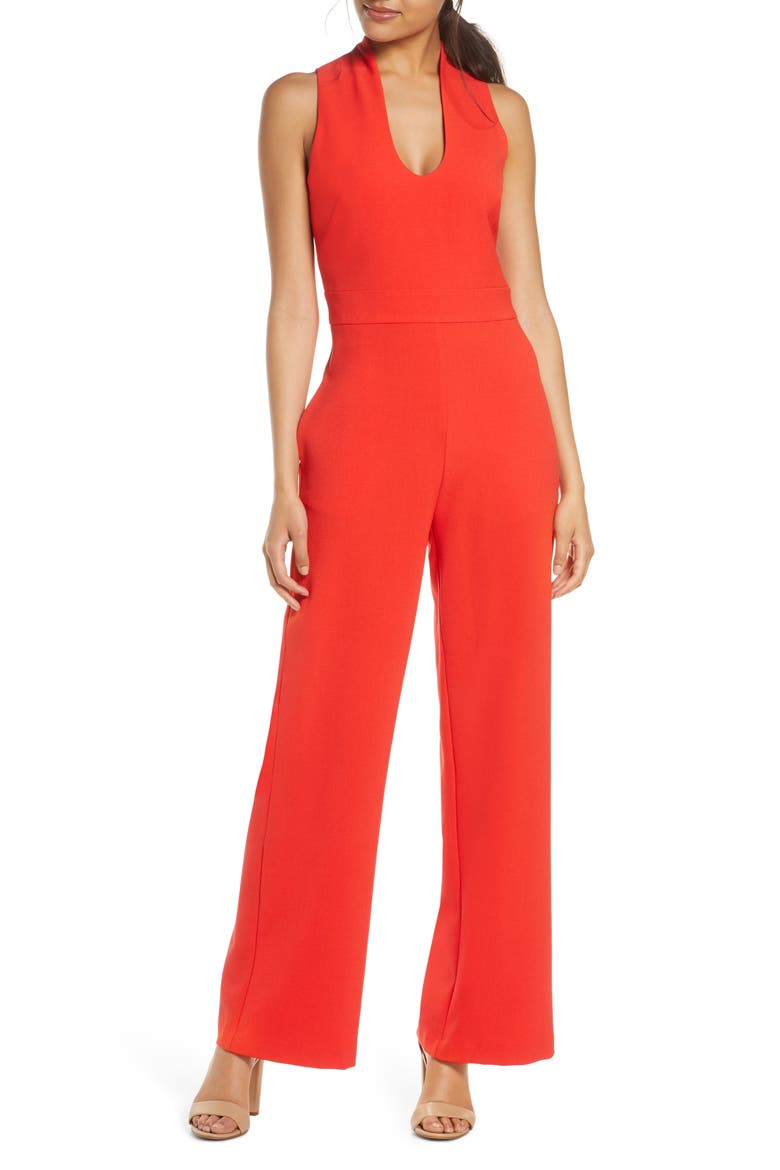 U-Neck Sleeveless Kors Crepe Jumpsuit, Main, color, RED