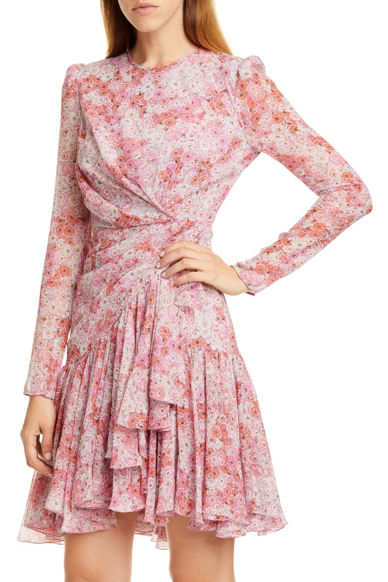 Rose Print Long Sleeve Silk Dress, Alternate, color, ROSE-FLEURS