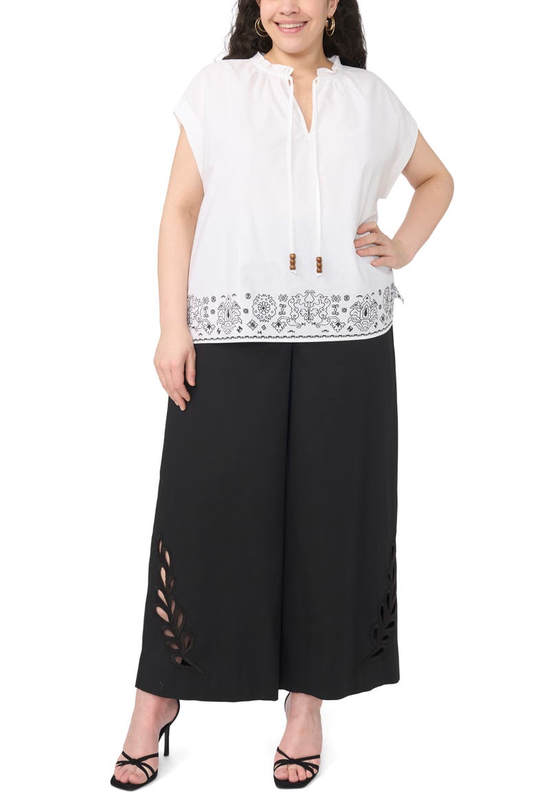 Embroidered Tie Neck Top, Alternate, color, RICH BLACK/ WHITE