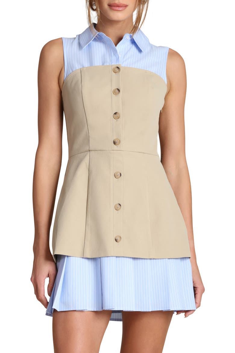 Sleeveless Mixed Media Shirtdress, Alternate, color, KHAKI AND BLUE STRIPE