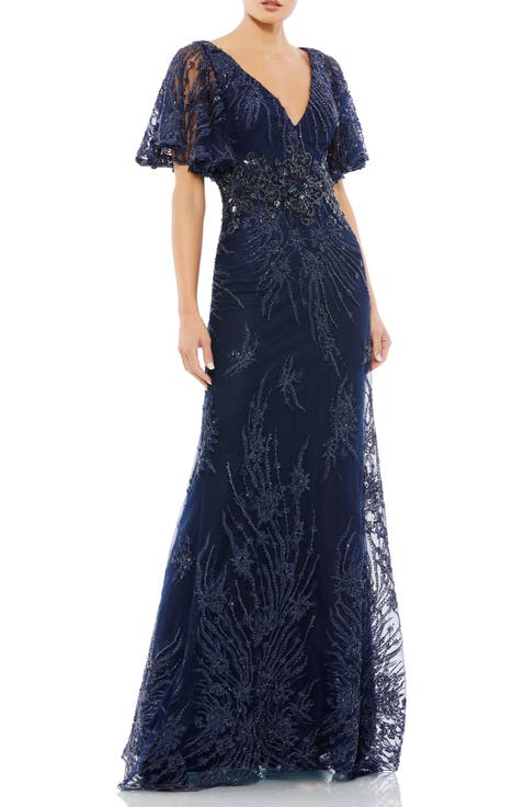 【Mac Duggal】ワンショルダー フリル ドレープ ガウン ネイビー mac-duggal-93735-pearl-