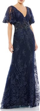 Mac Duggal Vintage Flutter Sleeve Evening Gown
