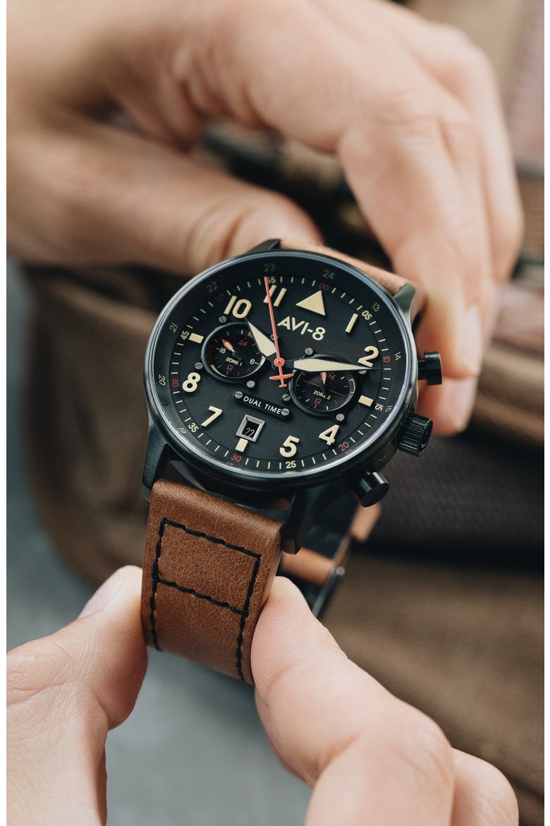 Hawker Hurricane Carey Chronograph Leather Strap Watch, 44mm, Alternate, color, BLACK