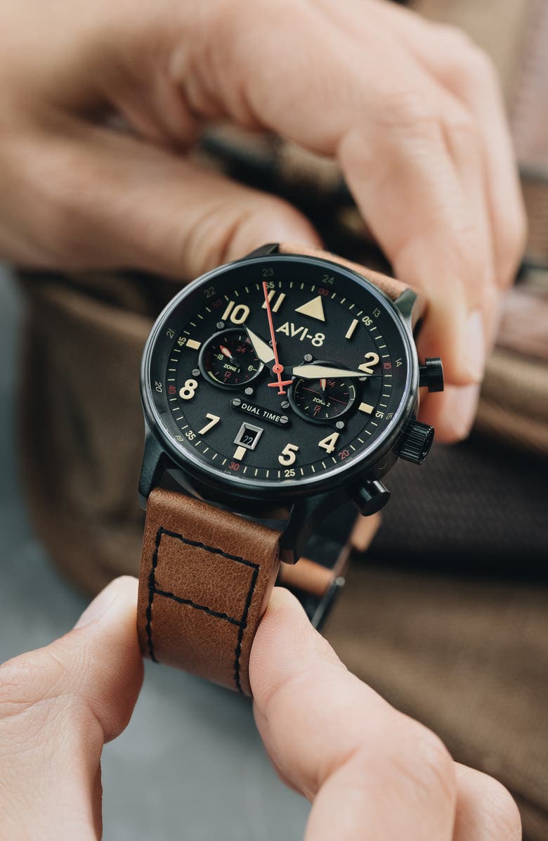 AVI-8 Hawker Hurricane Carey Chronograph Leather Strap Watch, 44mm, Alternate, color, Black