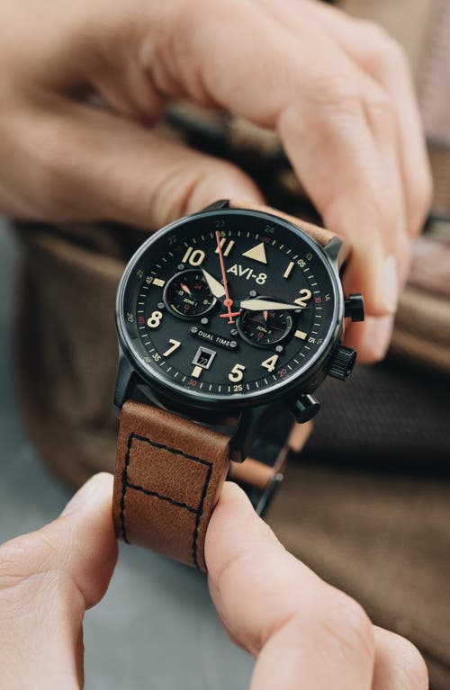 Avi-8 Hawker Hurricane Carey Chronograph Leather Strap Watch, 44mm In Black
