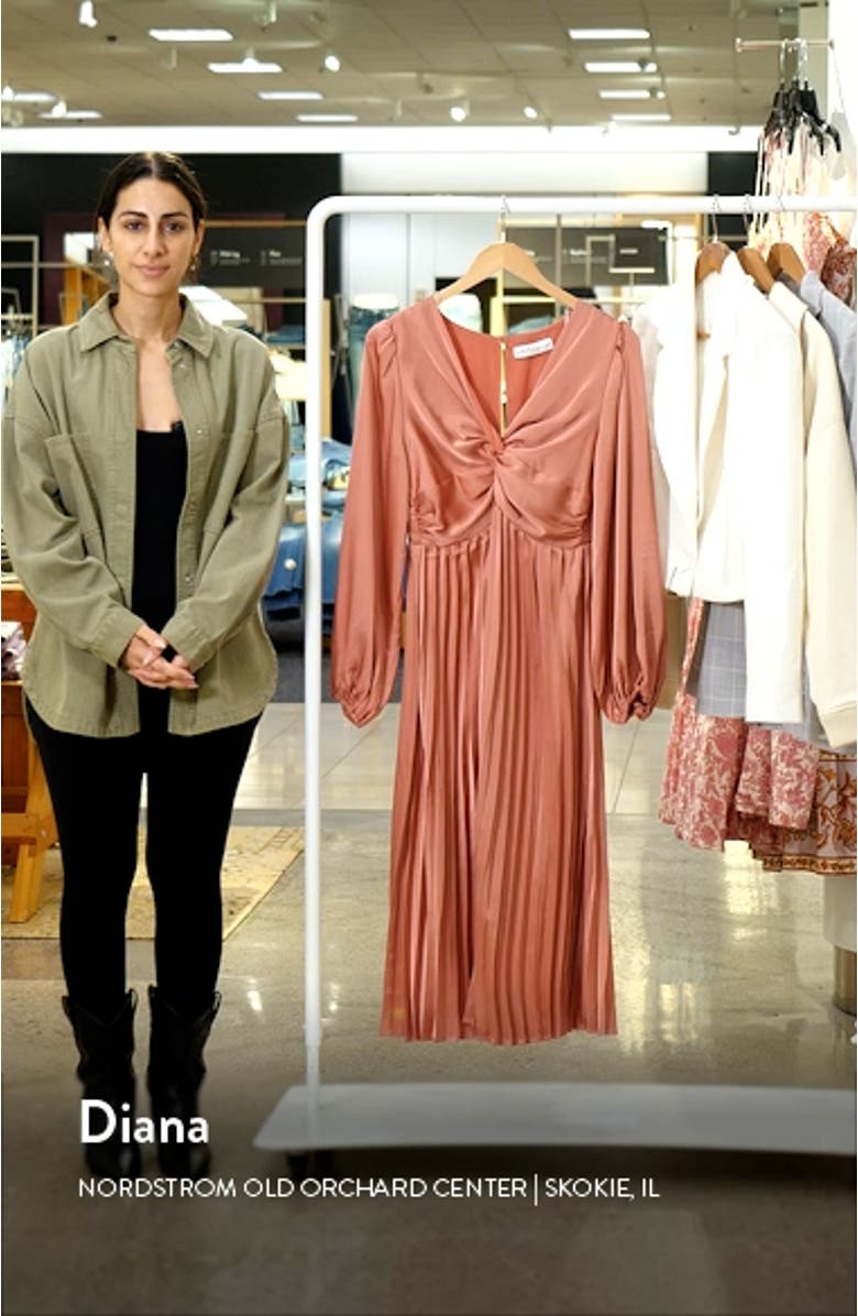 Noelle Long Sleeve Pleated Satin Midi Dress, sales video thumbnail