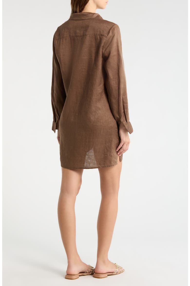 Tie Front Long Sleeve Linen Cover-Up, Alternate, color, BROWN