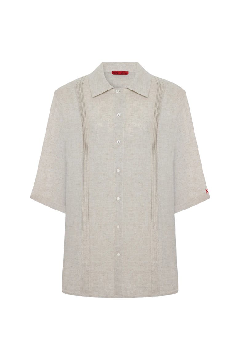 Daydreamers Short Sleeve Linen Shirt With Stitch Detail, Main, color, Beige