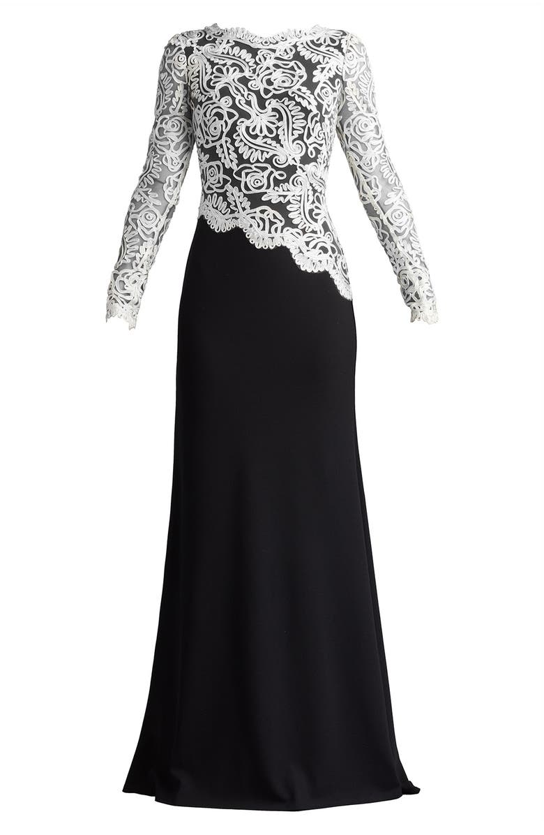 Tadashi Shoji Lace Scroll Crepe Gown, Alternate, color, Black/ Ivory