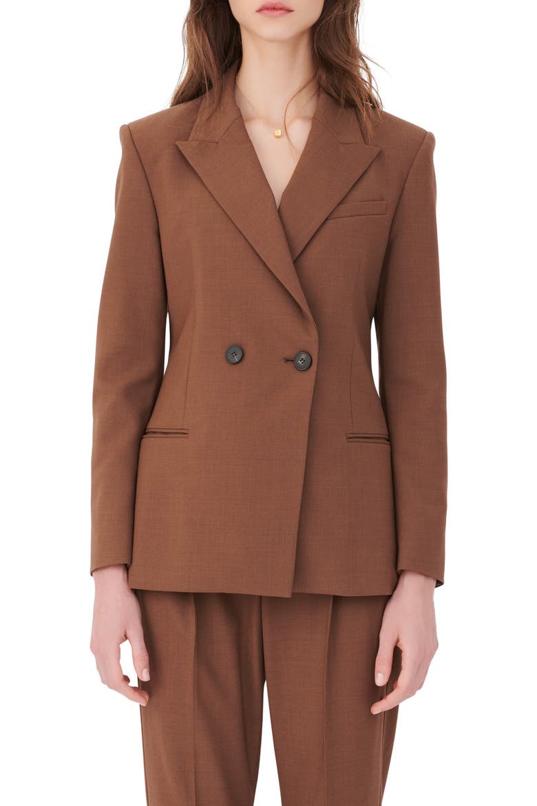 Double Breasted Stretch Wool Blazer, Main, color, BROWN