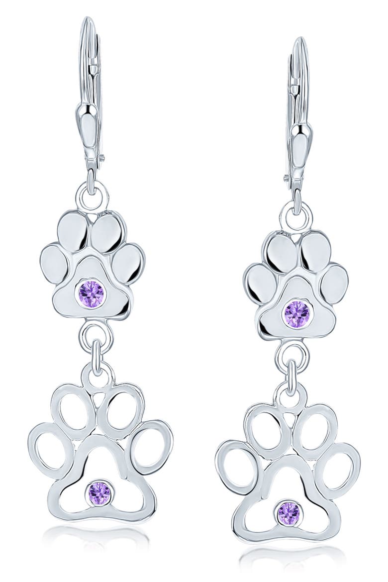 Pet Lover Sterling Silver CZ Paw Print Double Drop Earrings, Main, color, PURPLE