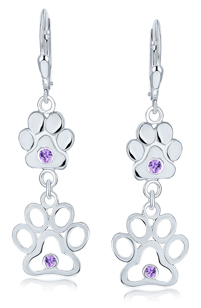 BLING JEWELRY Pet Lover Sterling Silver CZ Paw Print Double Drop Earrings, Main, color, Purple