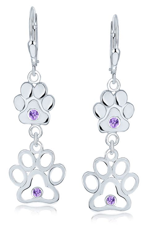 Pet Lover Sterling Silver CZ Paw Print Double Drop Earrings