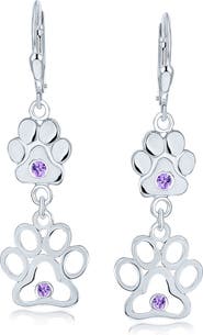 BLING JEWELRY Pet Lover Sterling Silver CZ Paw Print Double Drop Earrings