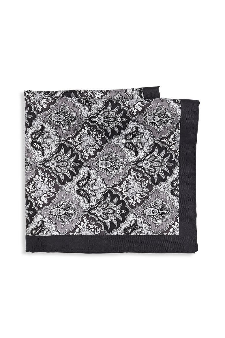 Big & Tall Fall Medallion Silk Pocket Square, Main, color, BLACK