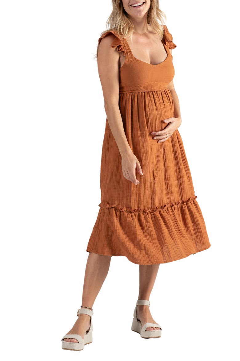 Melody Organic Cotton Gauze Maternity/Nursing Midi Dress, Main, color, CARAMEL