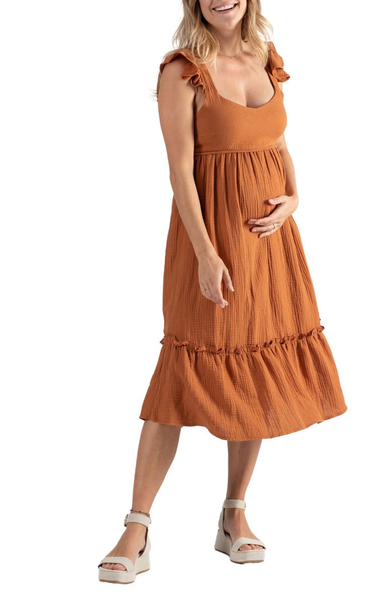 Cache Coeur Melody Organic Cotton Gauze Maternity/Nursing Midi Dress, Main, color, Caramel