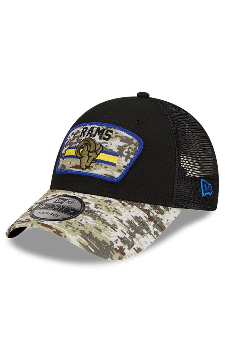 New Era Men's New Era Black/Camo Los Angeles Rams 2021 Salute To Service Trucker 9FORTY Snapback Adjustable Hat, Alternate, color, 