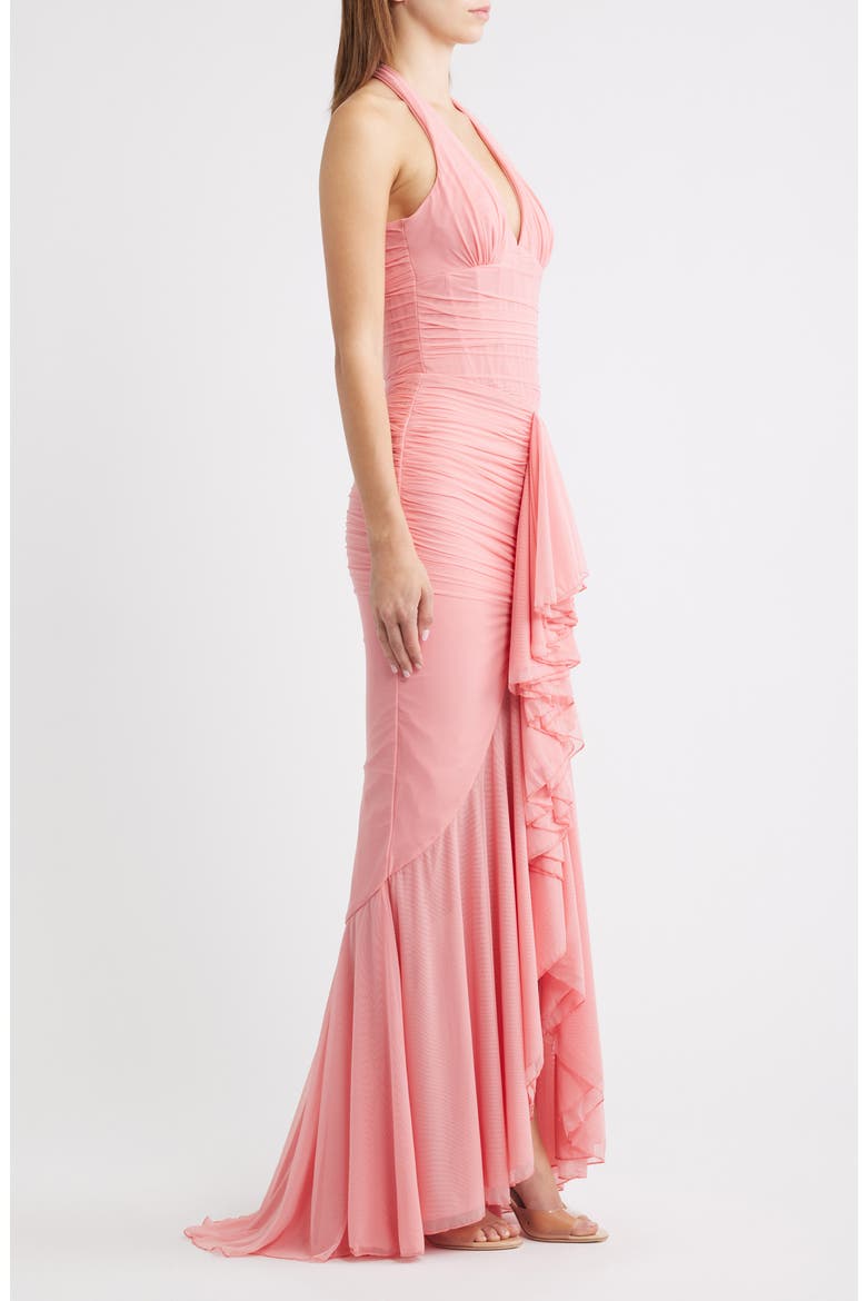 Carmine Mesh Halter Neck Waterfall Gown, Alternate, color, RASPBERRY