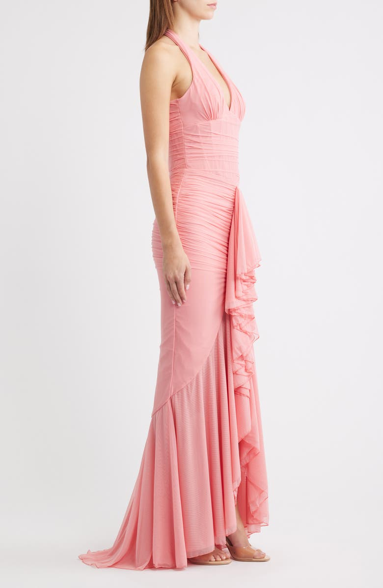 HOUSE OF CB Carmine Mesh Halter Neck Waterfall Gown, Alternate, color, Raspberry