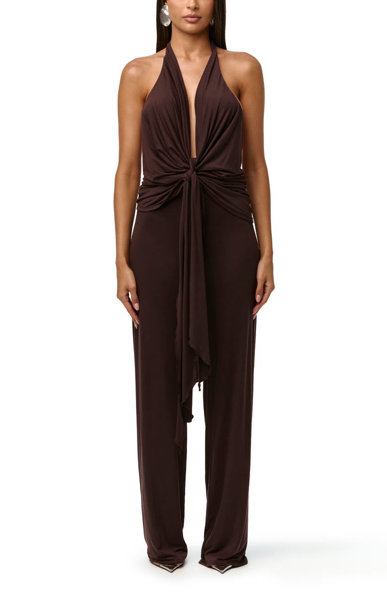 Naked Wardrobe Deep Plunge Neck Tie Front Halter Top, Alternate, color, Dark Chocolate