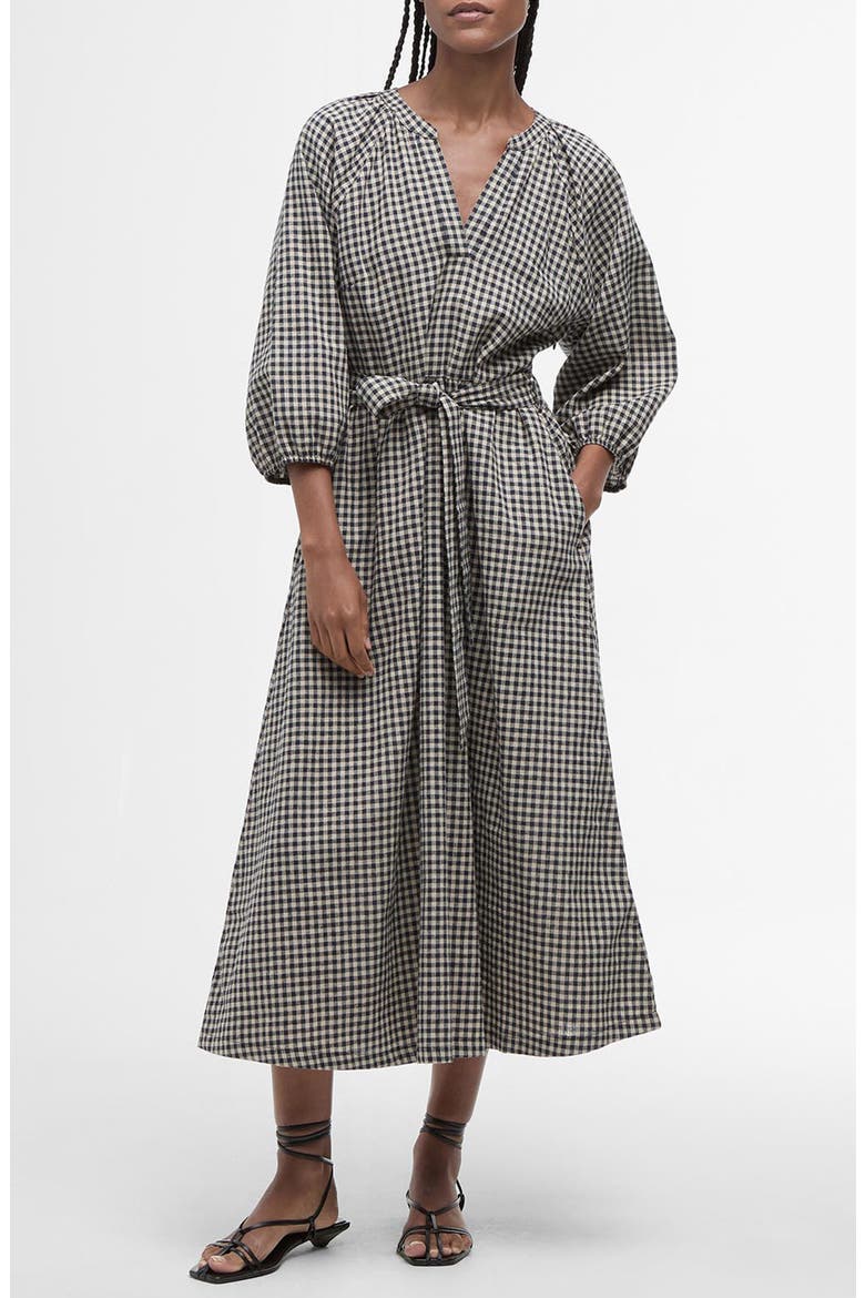 Suri Gingham Cotton & Linen Midi Dress, Main, color, DARK NAVY LIGHT SAND