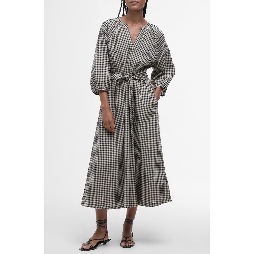 Barbour Suri Gingham Cotton & Linen Midi Dress In Dark Navy Light Sand
