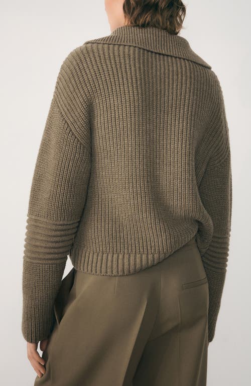 Shop Mango Demy Collar Half Zip Rib Sweater In Khaki Green