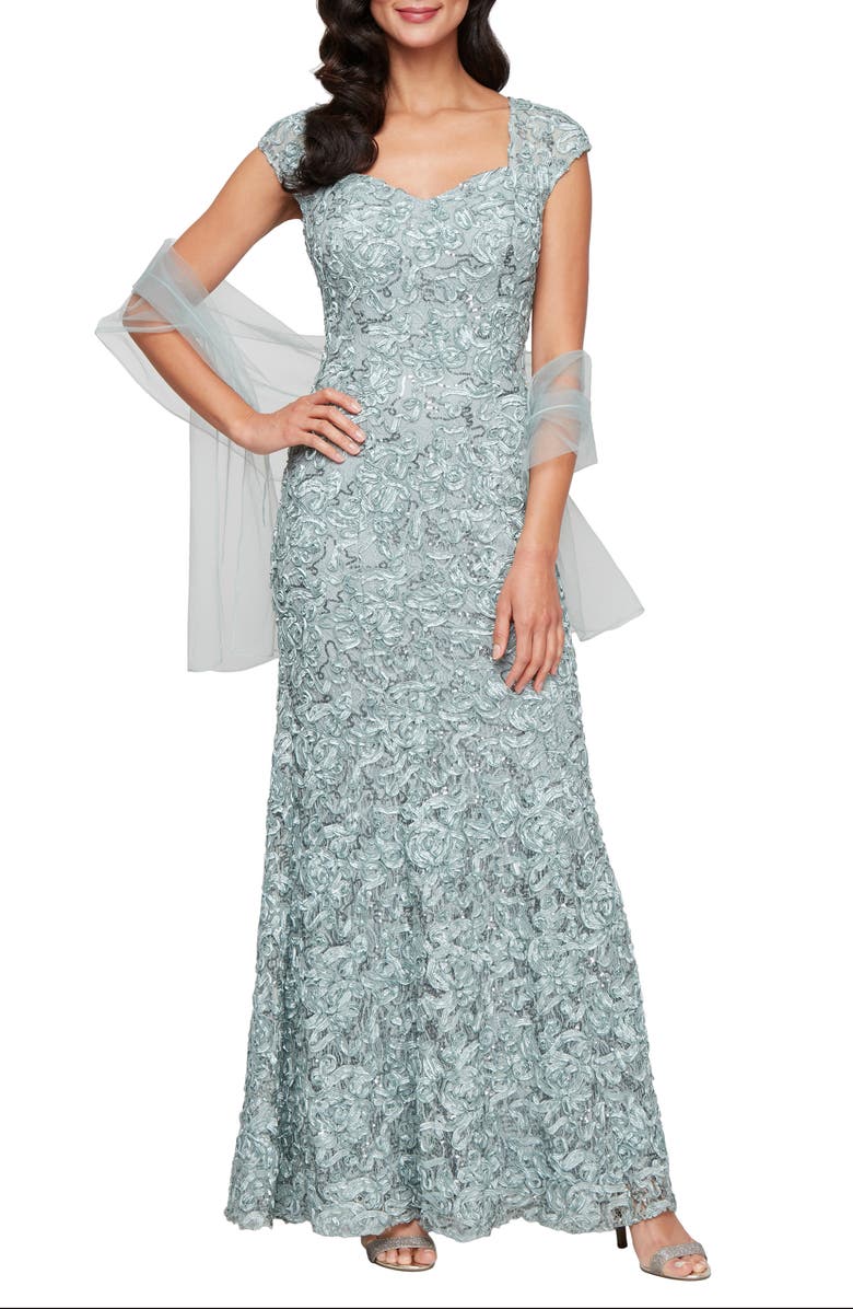 Alex Evenings Soutache Mermaid Gown with Shawl, Main, color, Ice Sage